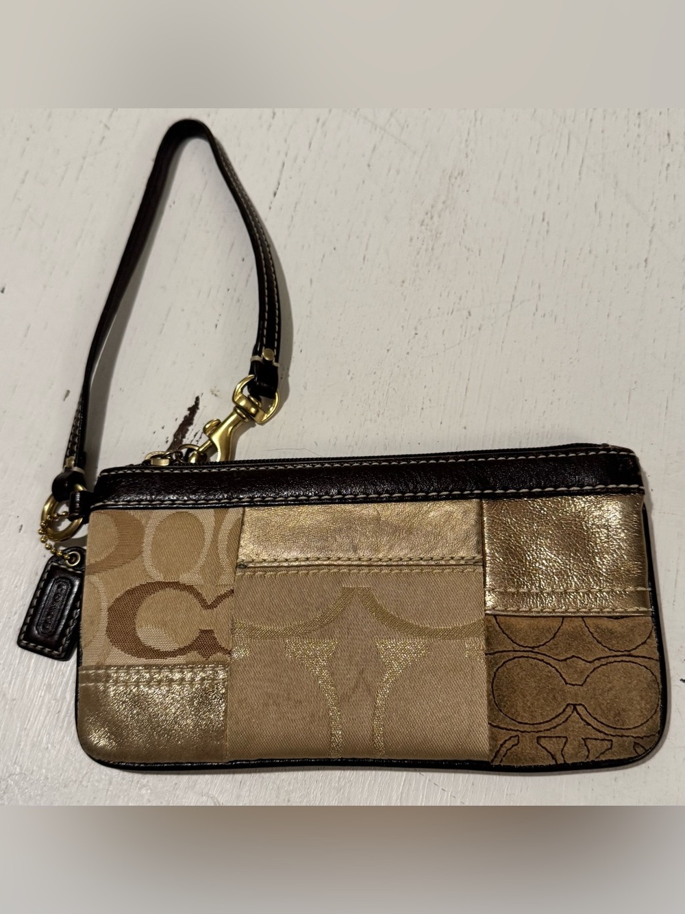 Coach Handbag Clutch Wristlet Small Brown Bronze Patchwork Wristlet Pouch